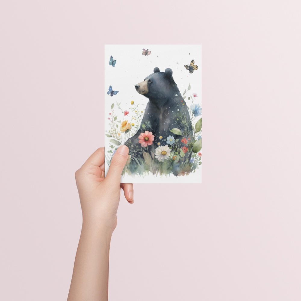 Floral Black Bear Watercolor Portrait Wall Art Illustration Print Unframed - Picture 5 of 6